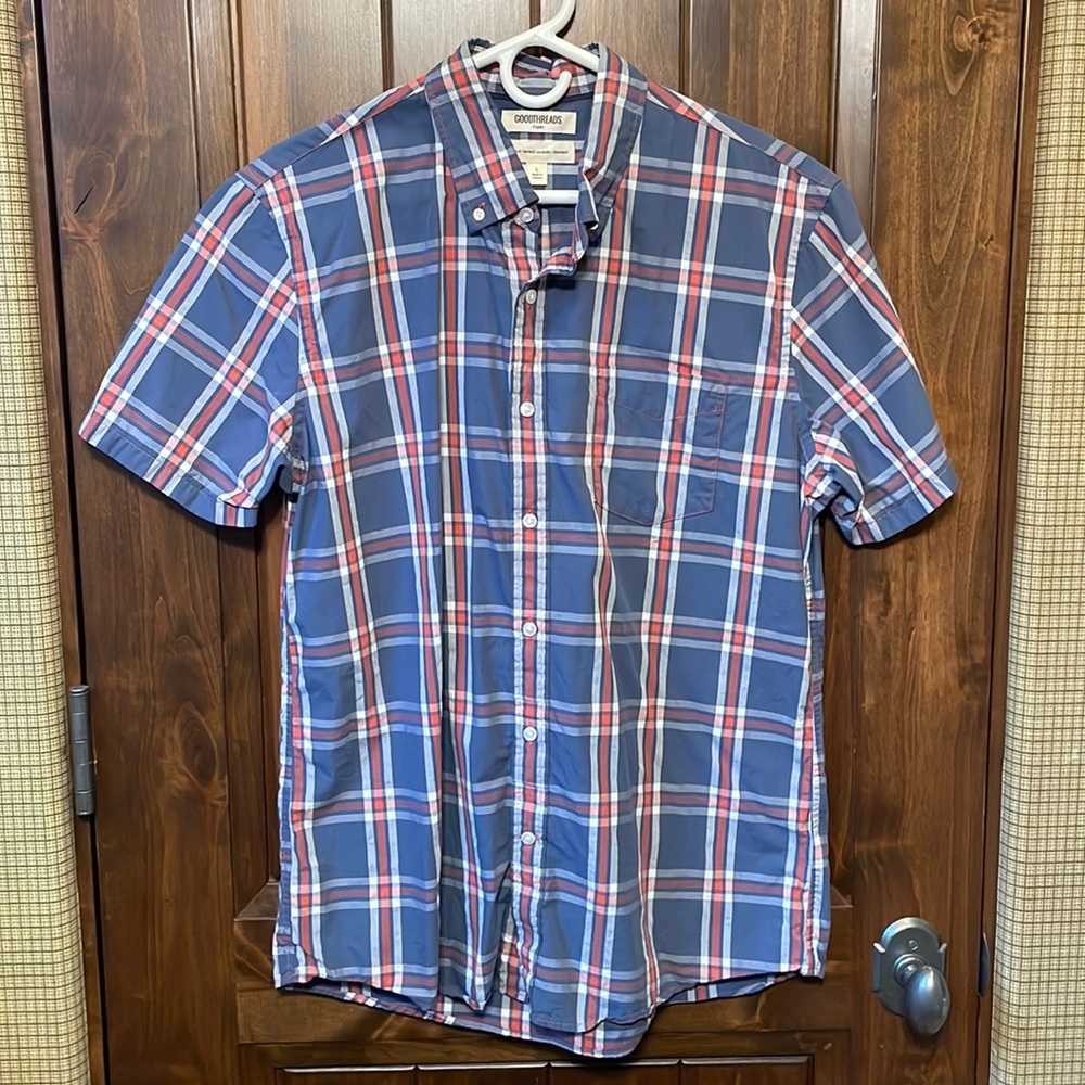 Red, white, and blue short sleeve button up.